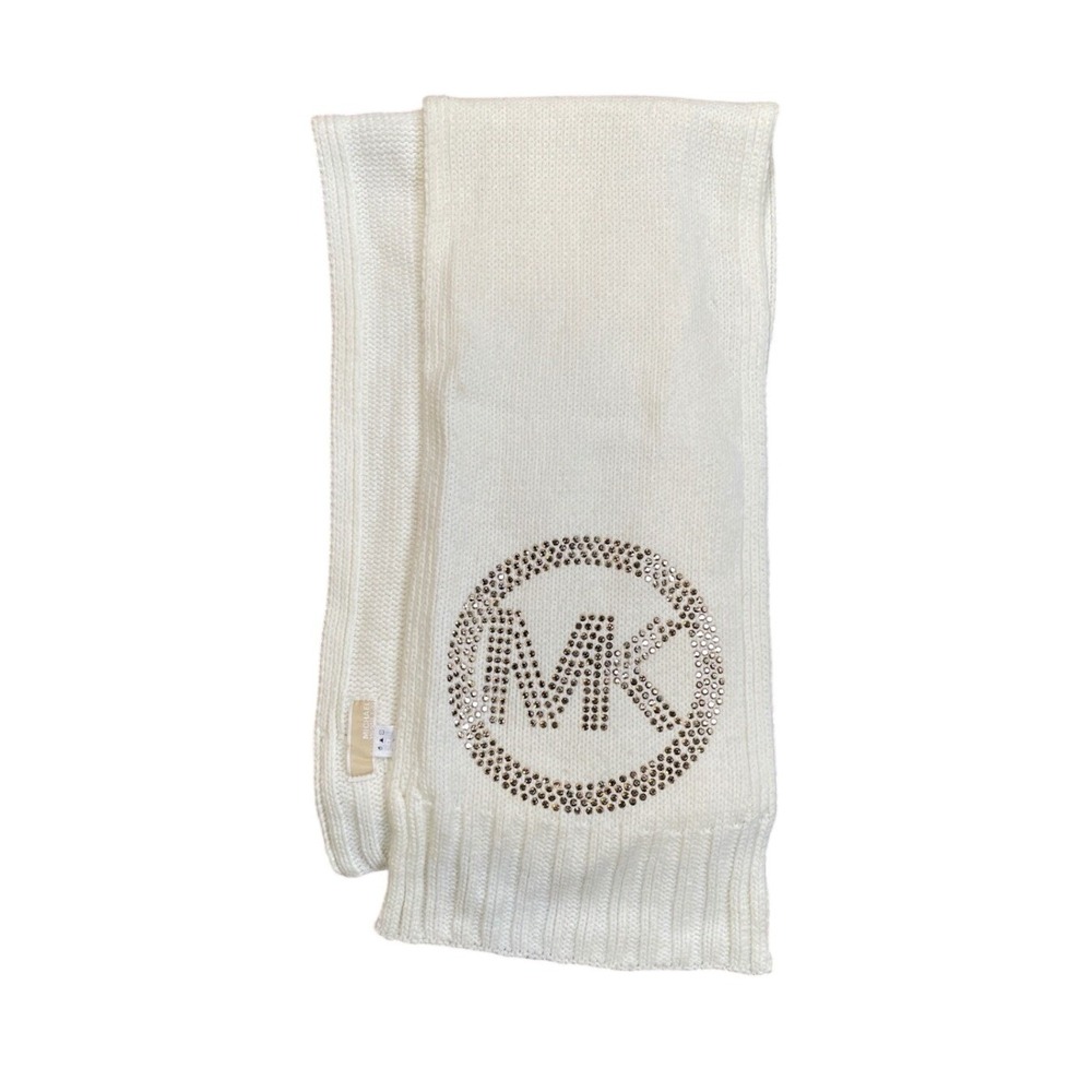 Michael Kors MK Logo‎ Crystal Scarf Cream White Knit Winter Ski Warm Women